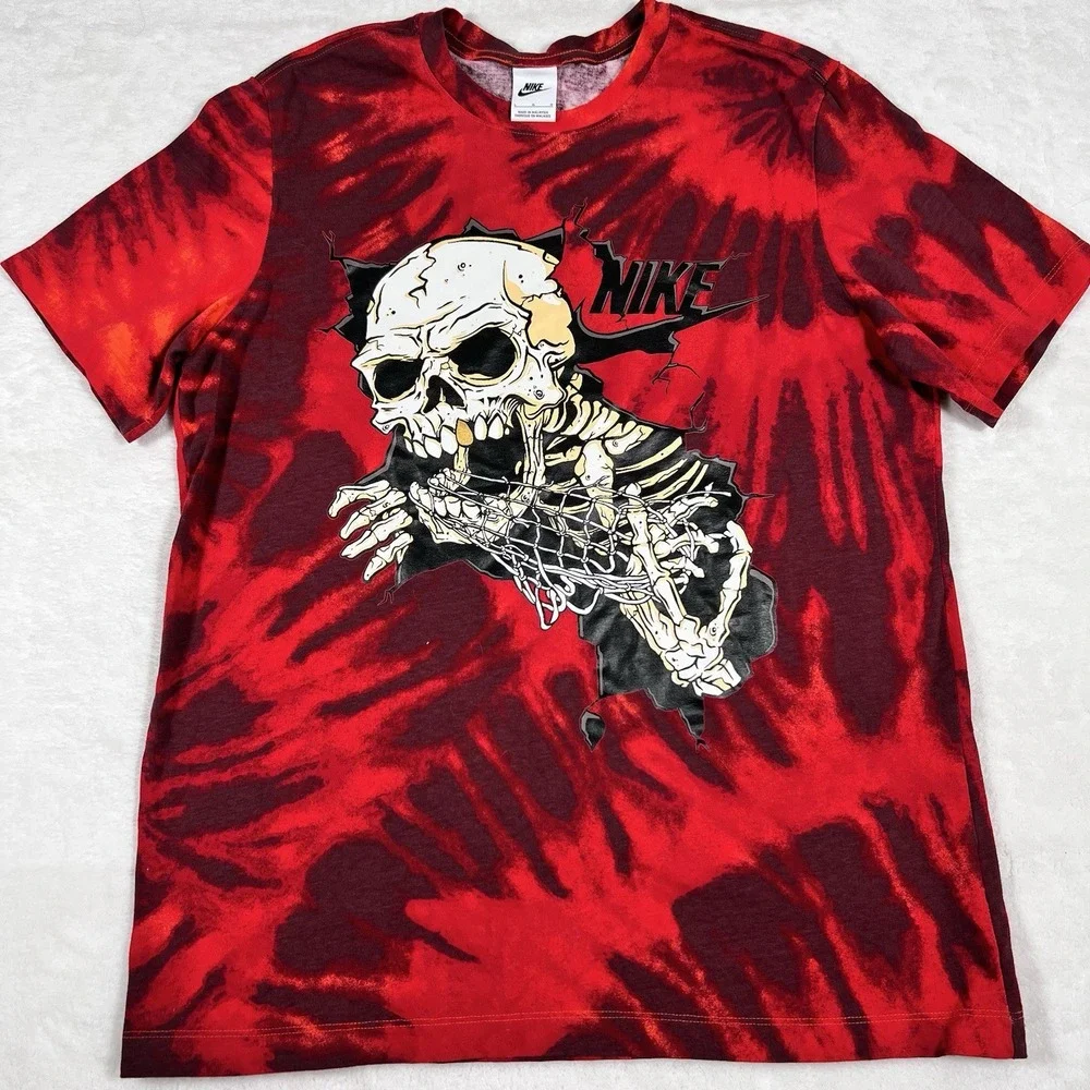 Nike Tie Dye Skull Frenzy‎ T Shirt Red Black Men's Large Hippie Goth